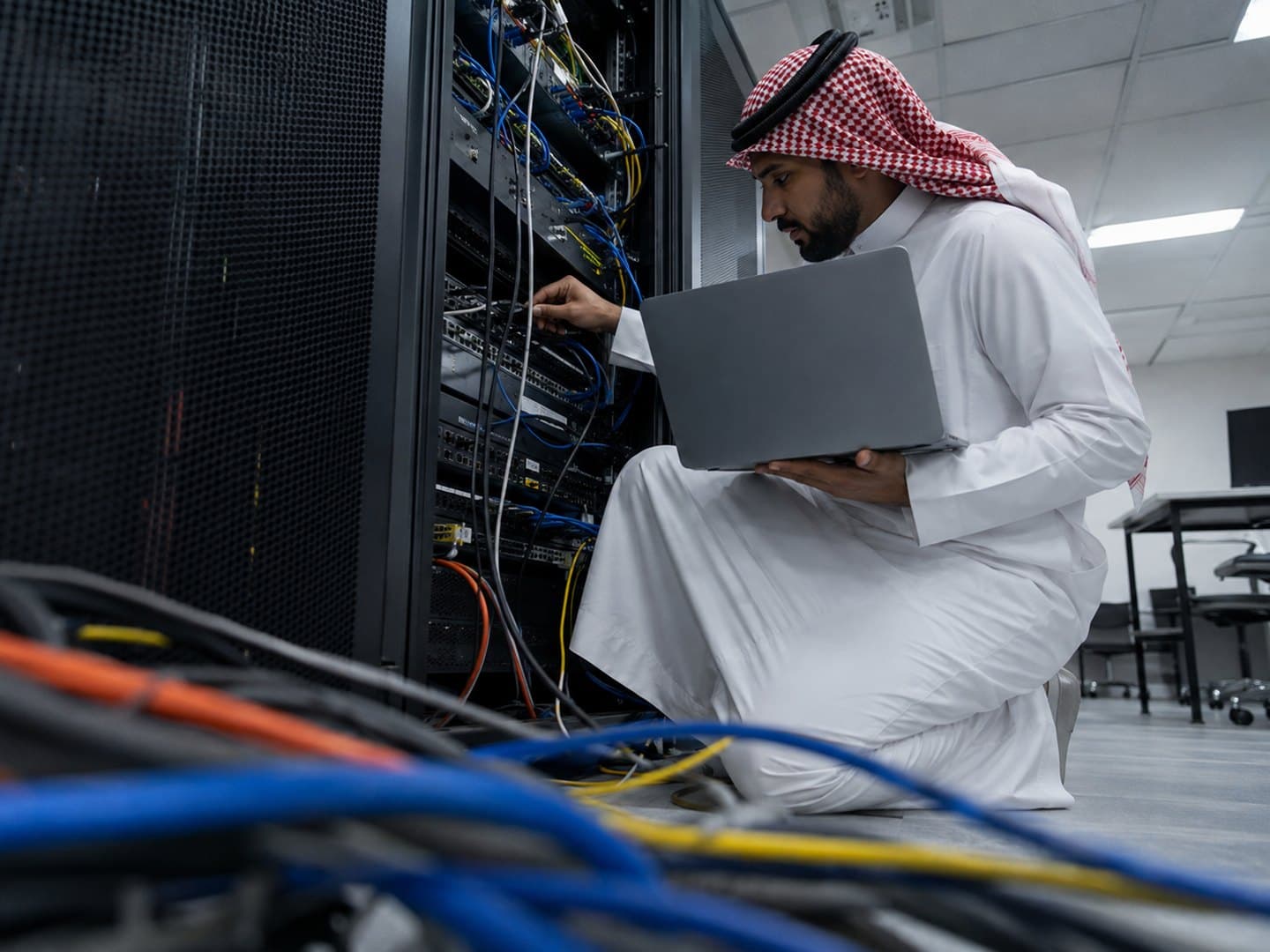 مدرّب يشرح بياناتٍ أمام شاشة عرض